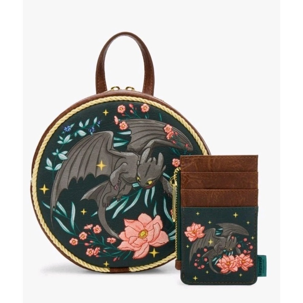 NWT Loungefly How to Train Your Dragon Toothless‎ Floral Round Backpack & WALLET